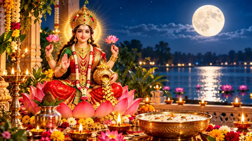Goddess Lakshmi worshipped during Kojagari Puja 2026 on Sharad Purnima night, surrounded by glowing diyas, lotus flowers, traditional offerings, and a full moon.