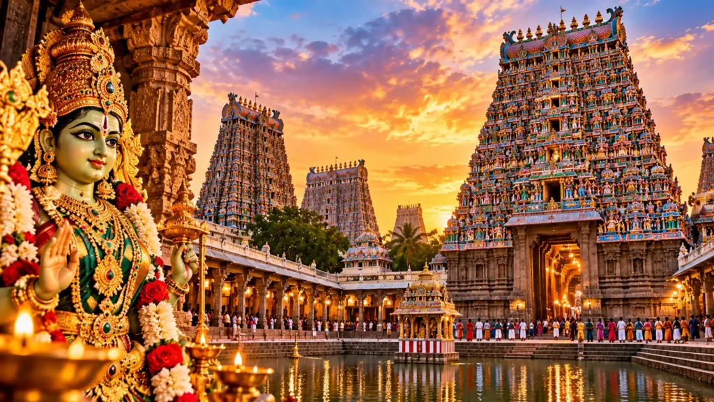 Meenakshi Amman Temple in Madurai, Tamil Nadu, featuring colorful intricately carved gopurams, a beautifully adorned Goddess Meenakshi statue, glowing oil lamps, and devotees gathered at sunset.