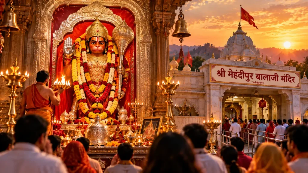 Mehandipur Balaji Temple in Rajasthan featuring Lord Hanuman’s decorated idol, aarti rituals, glowing oil lamps, and devotees praying at the sacred temple during sunset.
