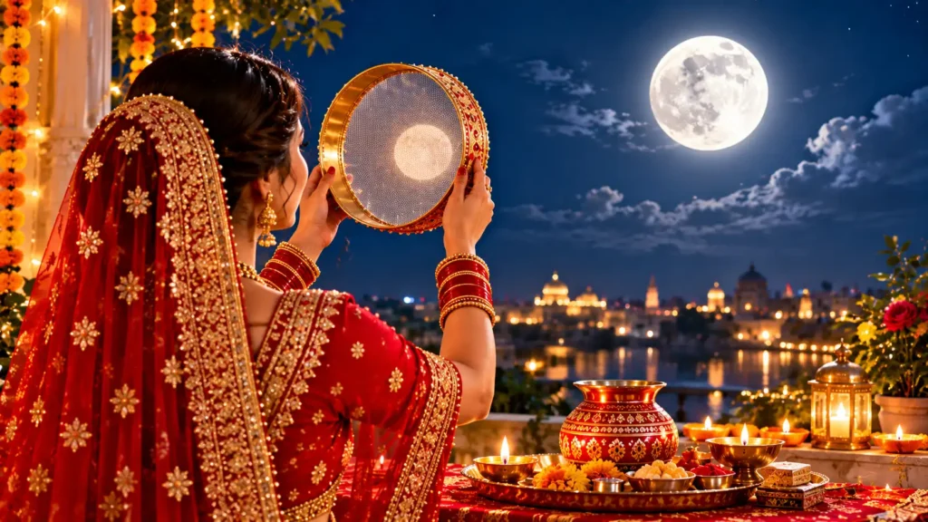 Karwa Chauth 2026, Indian woman in a red bridal saree looking at the full moon through a decorated sieve during the traditional rooftop fasting ritual, with a puja thali, diya, and festive lights.