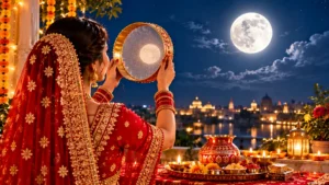 Karwa Chauth 2026, Indian woman in a red bridal saree looking at the full moon through a decorated sieve during the traditional rooftop fasting ritual, with a puja thali, diya, and festive lights.