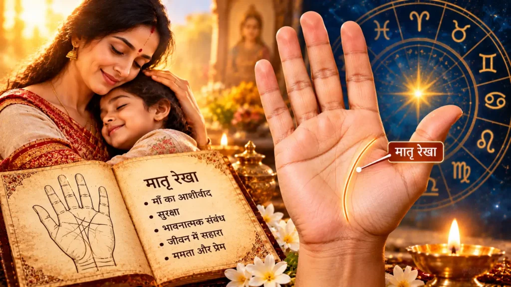 Mother Line in Palmistry: An open palm with the Matru Rekha highlighted in golden light, alongside an Indian mother lovingly embracing her child, a traditional palmistry book, zodiac symbols, and a glowing diya representing a mother's love, protection, and blessings.