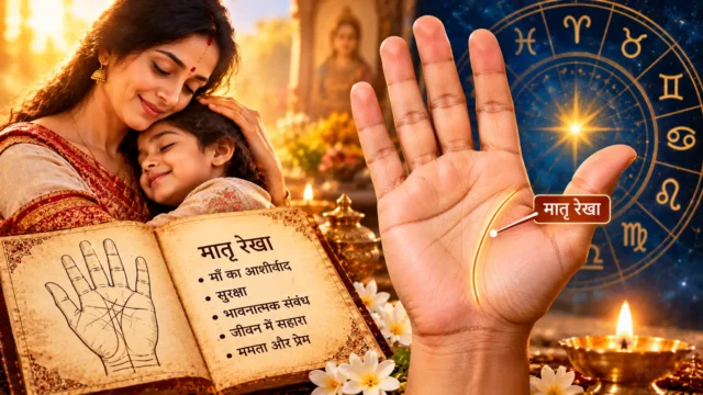 Mother Line in Palmistry: An open palm with the Matru Rekha highlighted in golden light, alongside an Indian mother lovingly embracing her child, a traditional palmistry book, zodiac symbols, and a glowing diya representing a mother's love, protection, and blessings.