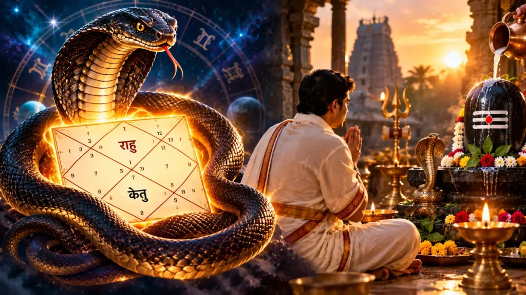 Kaal Sarp Dosh in Vedic astrology represented by a coiled cobra around a horoscope chart marked Rahu and Ketu, alongside a devotee praying to Lord Shiva at a temple with a decorated Shiva Lingam, flowers, and glowing oil lamps.