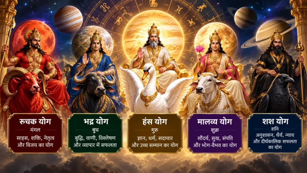 Panch Mahapurush Rajyog in Vedic Astrology featuring Ruchak, Bhadra, Hans, Malavya, and Shash Yog with planetary symbolism and celestial imagery.