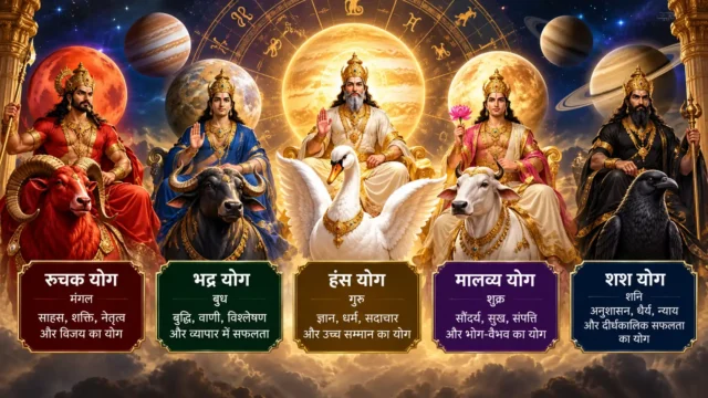 Panch Mahapurush Rajyog in Vedic Astrology featuring Ruchak, Bhadra, Hans, Malavya, and Shash Yog with planetary symbolism and celestial imagery.