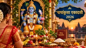 Lord Vishnu worship during Papankusha Ekadashi 2026 with a devotee offering flowers, tulsi leaves, fruits, and a lit diya at a decorated Hindu altar