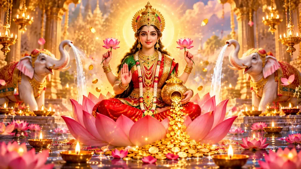 Goddess Lakshmi seated on a pink lotus surrounded by golden coins, elephants, and glowing diyas, symbolizing prosperity and auspicious dreams.