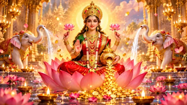 Goddess Lakshmi seated on a pink lotus surrounded by golden coins, elephants, and glowing diyas, symbolizing prosperity and auspicious dreams.