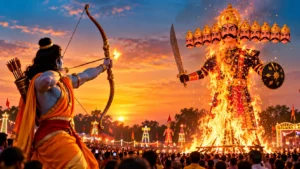 Lord Rama aiming an arrow at a burning ten-headed Ravana effigy during a Dussehra celebration at sunset.