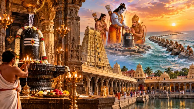 Rameswaram Temple history and legend featuring Lord Shiva’s lingam, the magnificent Dravidian temple architecture, Lord Rama and Hanuman worshipping Shiva, and the legendary Ram Setu bridge across the ocean at sunset.