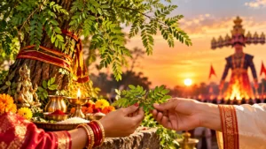 Shami Puja on Dussehra with devotees exchanging sacred green leaves beside a decorated Shami tree, पूजा offerings, and a burning Ravana effigy at sunset.