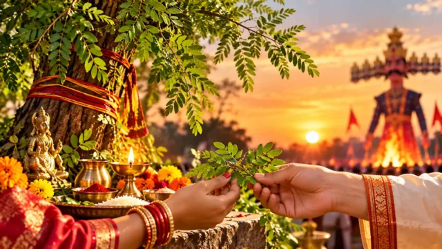 Shami Puja on Dussehra with devotees exchanging sacred green leaves beside a decorated Shami tree, पूजा offerings, and a burning Ravana effigy at sunset.