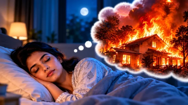 Woman sleeping at night and dreaming of a house engulfed in flames, symbolizing the meaning of seeing fire in a dream.
