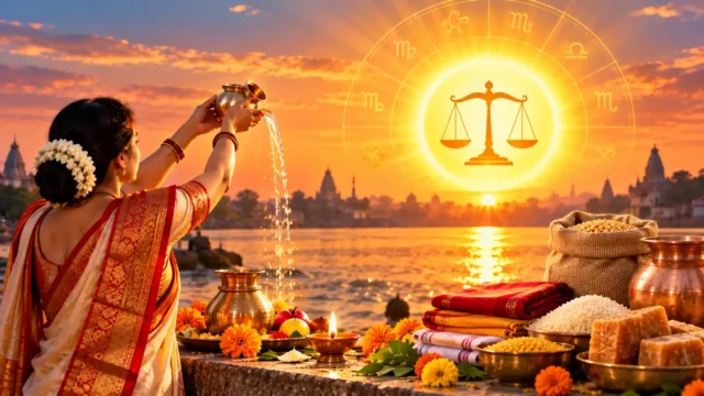 Tula Sankranti 2026 ritual with a woman offering water to the Sun God beside a river, with Libra zodiac symbols, lit diyas, flowers, grains, and items for charity
