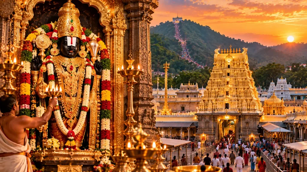 Tirupati Balaji Temple history and legends featuring Lord Venkateswara adorned with gold jewelry and flower garlands, devotees offering prayers, magnificent temple architecture, and the sacred Tirumala hills at sunset.