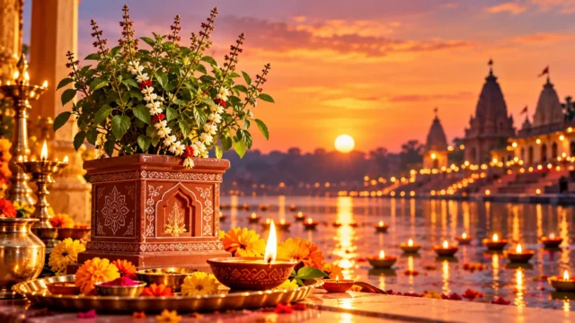 Traditional Kartik Maas rituals with a lit diya near a Tulsi plant, symbolizing दीपदान and Tulsi Puja during Kartik Maas 2026.