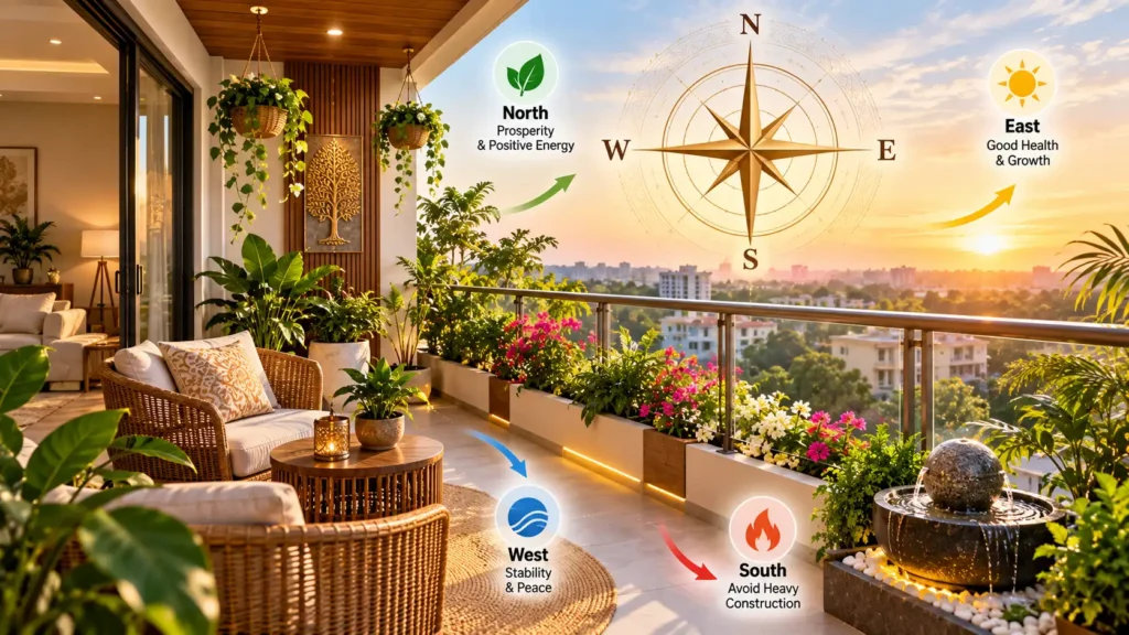 Vastu Shastra balcony design featuring a modern balcony with lush green plants, comfortable seating, a water fountain, and a compass highlighting the north, east, west, and south directions for positive energy and harmony.