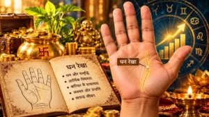 Palmistry illustration highlighting the Dhan Rekha (wealth line) on an open palm, surrounded by gold coins, a wealth pot, a palmistry book, a zodiac chart, rising financial graph, and a glowing diya symbolizing wealth and prosperity.
