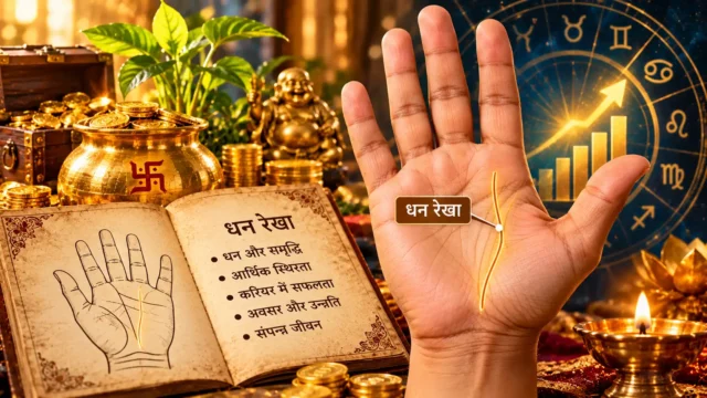 Palmistry illustration highlighting the Dhan Rekha (wealth line) on an open palm, surrounded by gold coins, a wealth pot, a palmistry book, a zodiac chart, rising financial graph, and a glowing diya symbolizing wealth and prosperity.